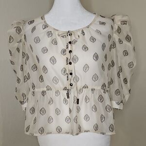 Anthropologie Sheer Puff Sleeve Leaf Print Blouse Women's Medium
